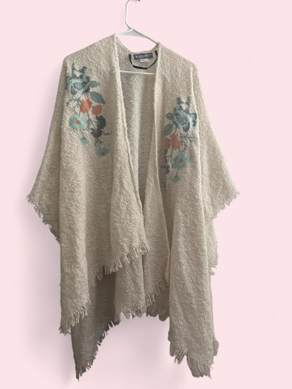 Beige Floral Embroidered Fringe Poncho